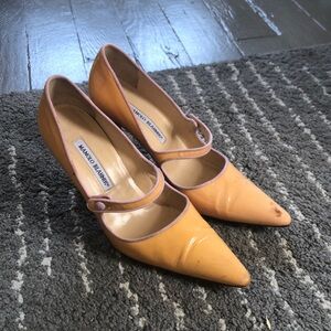 Manolo Blahnik Campari Mary Jane Pink and Yellow/Tan Stillettos
